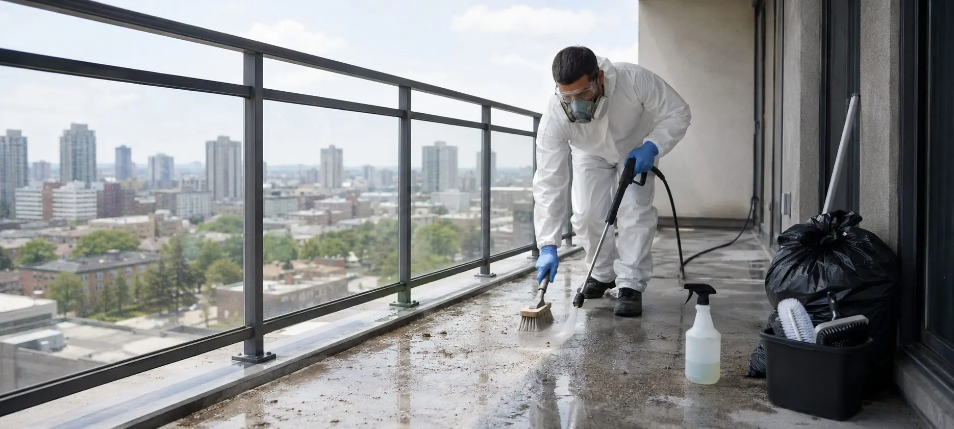 A technician in protective gear pressure-washing and scrubbing pigeon droppings off a high-rise apartment balcony with the city skyline behind