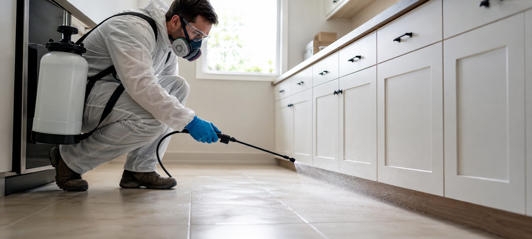 A technician applying hospital-grade disinfectant with a sprayer along kitchen cabinets and baseboards after pest cleanup