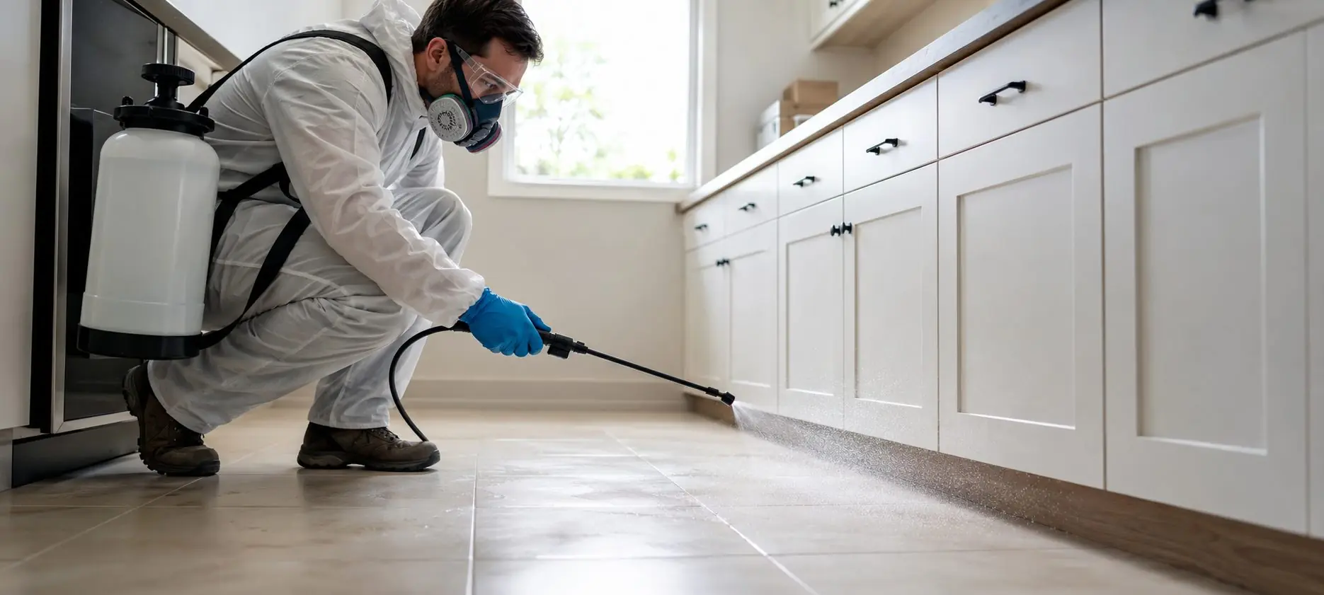 A technician applying hospital-grade disinfectant with a sprayer along kitchen cabinets and baseboards after pest cleanup