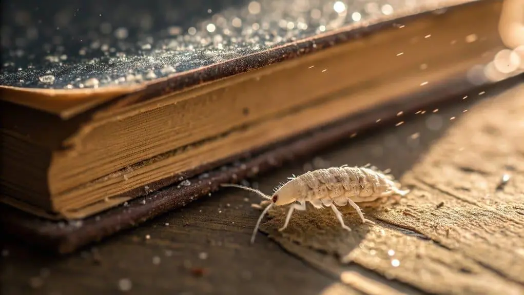 Booklice near an old book and wood surface