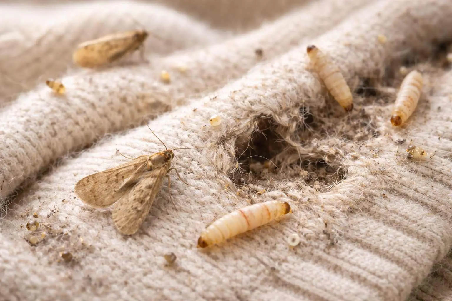 Clothes moths and larvae damaging wool fabric