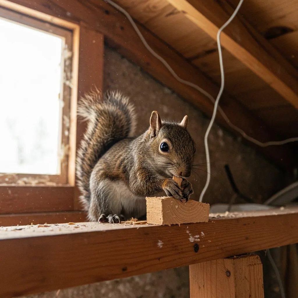 Squirrel chewing wood in an attic