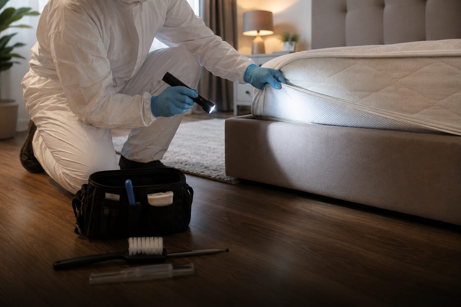 Bed bug and shed skins along a mattress seam in a Winnipeg home
