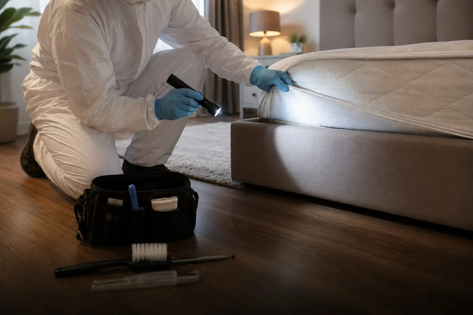 Bed bug and shed skins along a mattress seam in a Winnipeg home