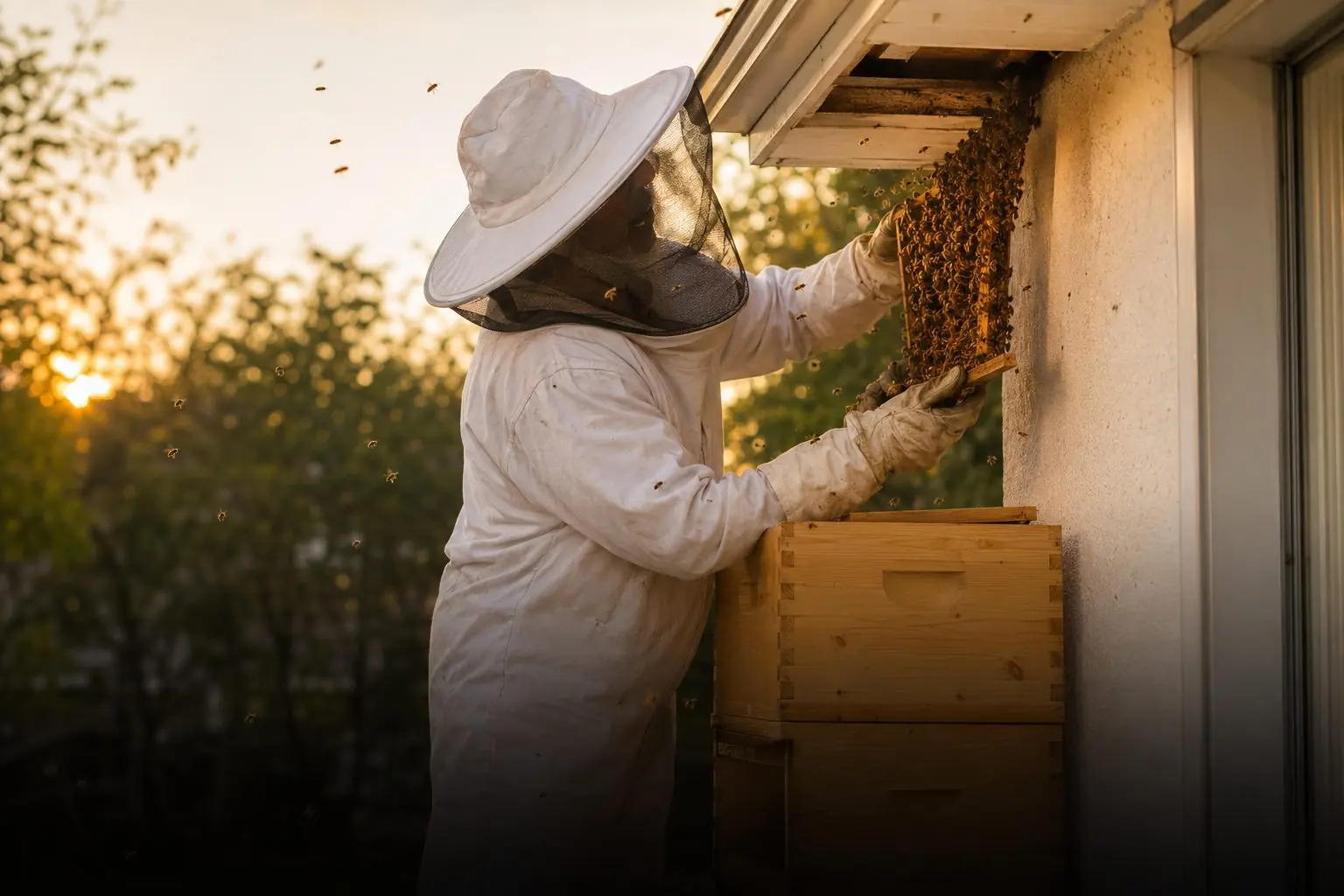 Honey bees on a nest near a Winnipeg home eave