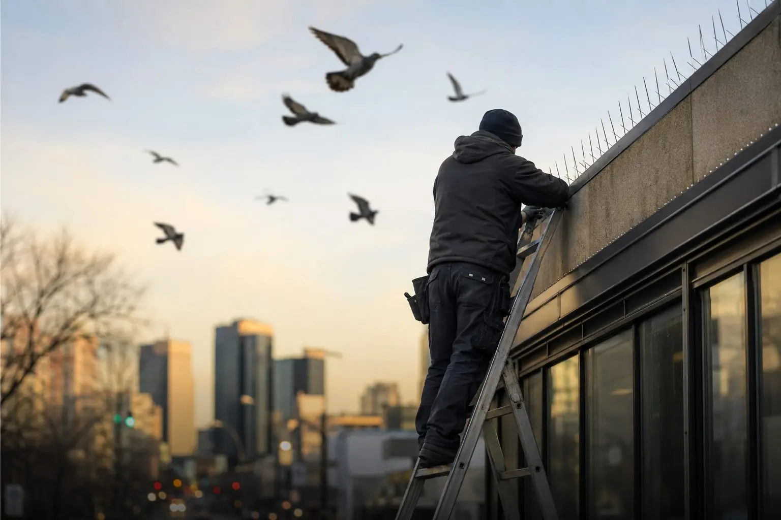Pigeons roosting on a ledge above a Winnipeg storefront