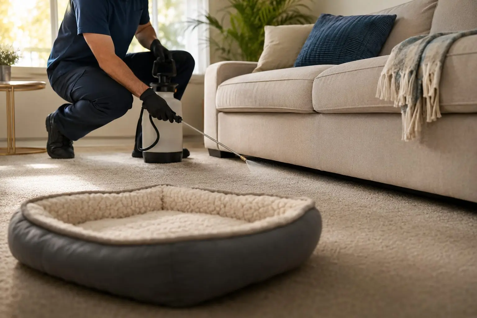 Fleas in carpet fibres near a pet resting area in a Winnipeg home