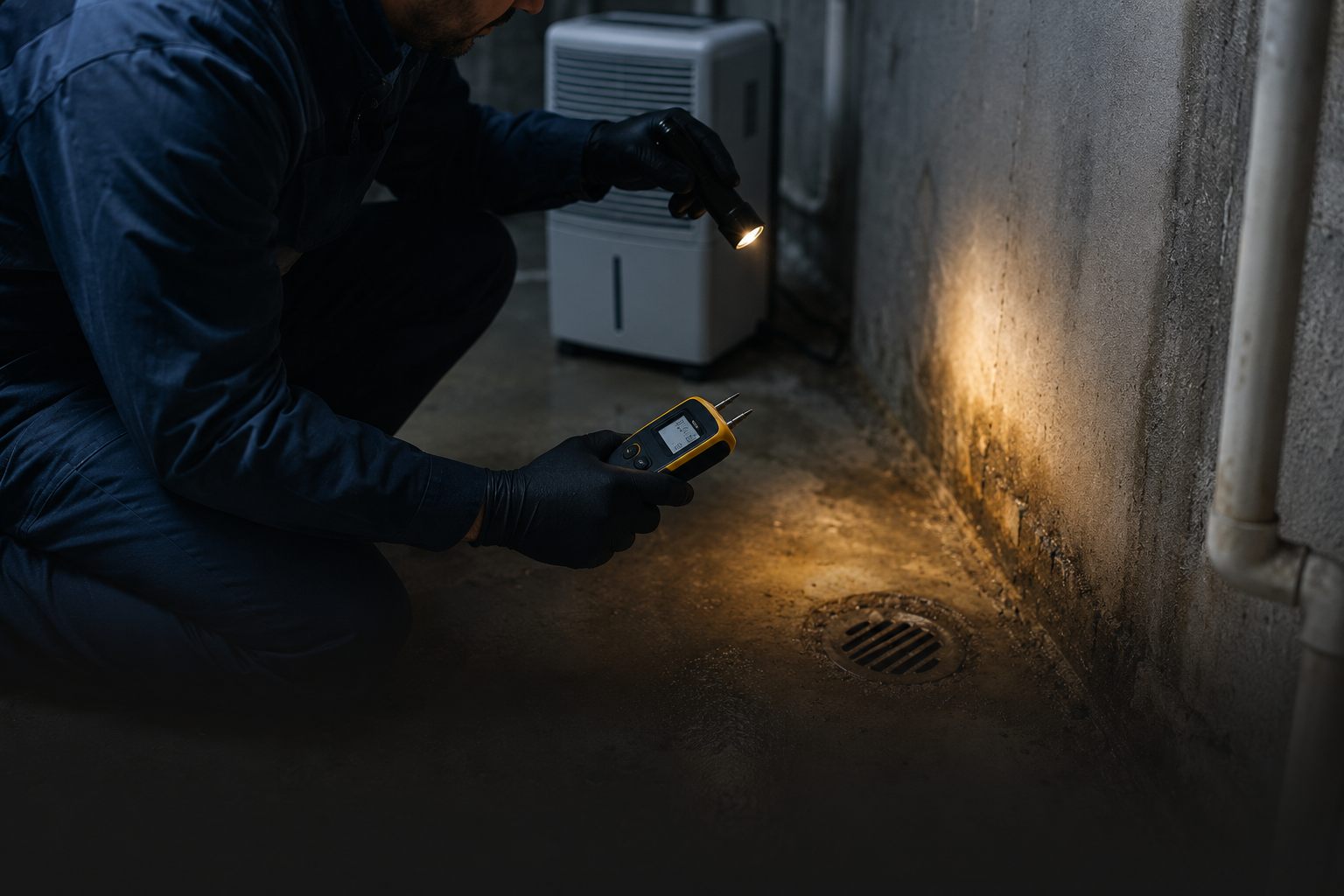 A silverfish and centipede near a damp Winnipeg basement wall
