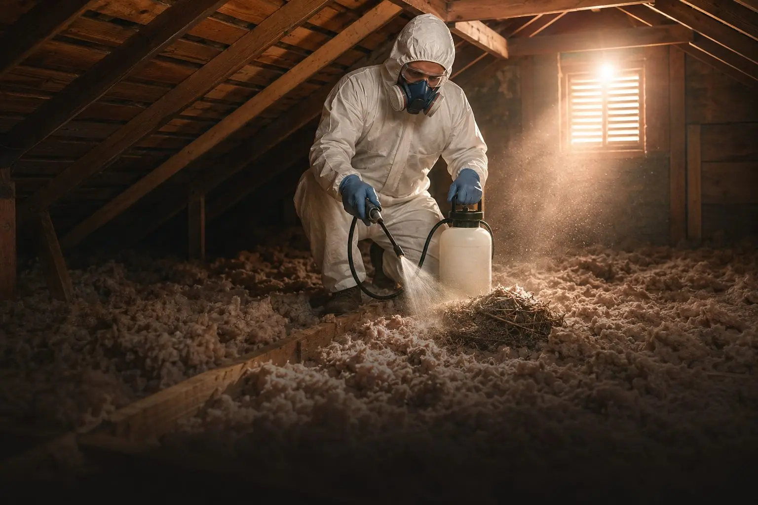 A Terra13 technician in protective coveralls and respirator disinfecting a Winnipeg attic, spraying a rodent nest site in the insulation