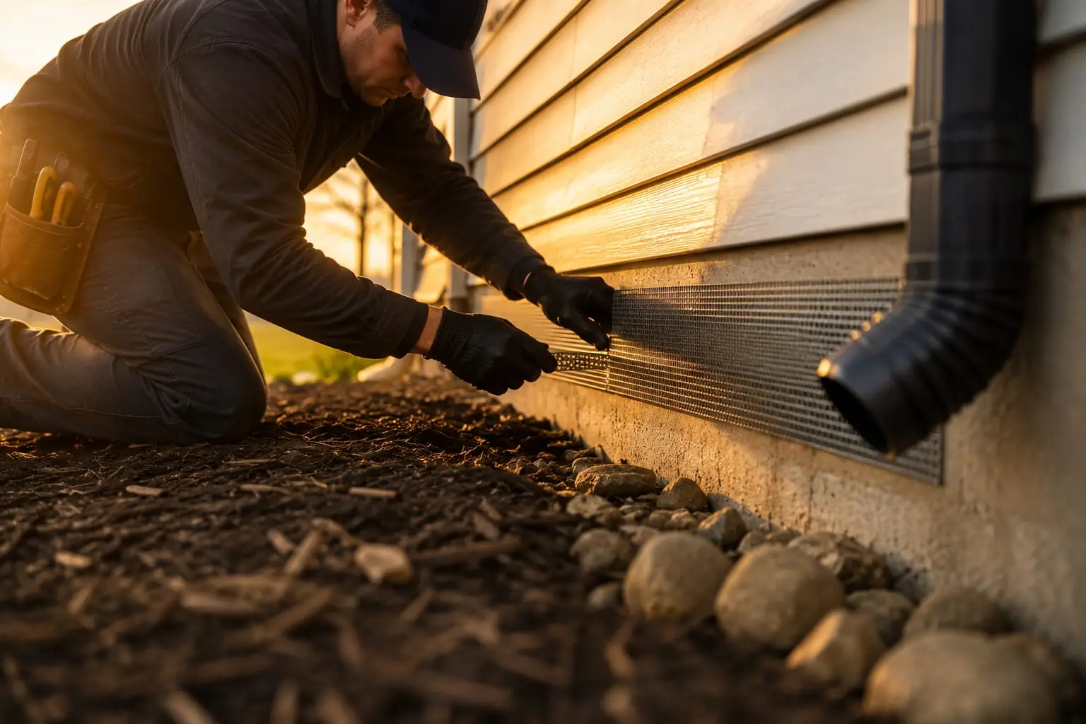 Terra13 technician installing exclusion mesh along a home's foundation in Winnipeg at sunset