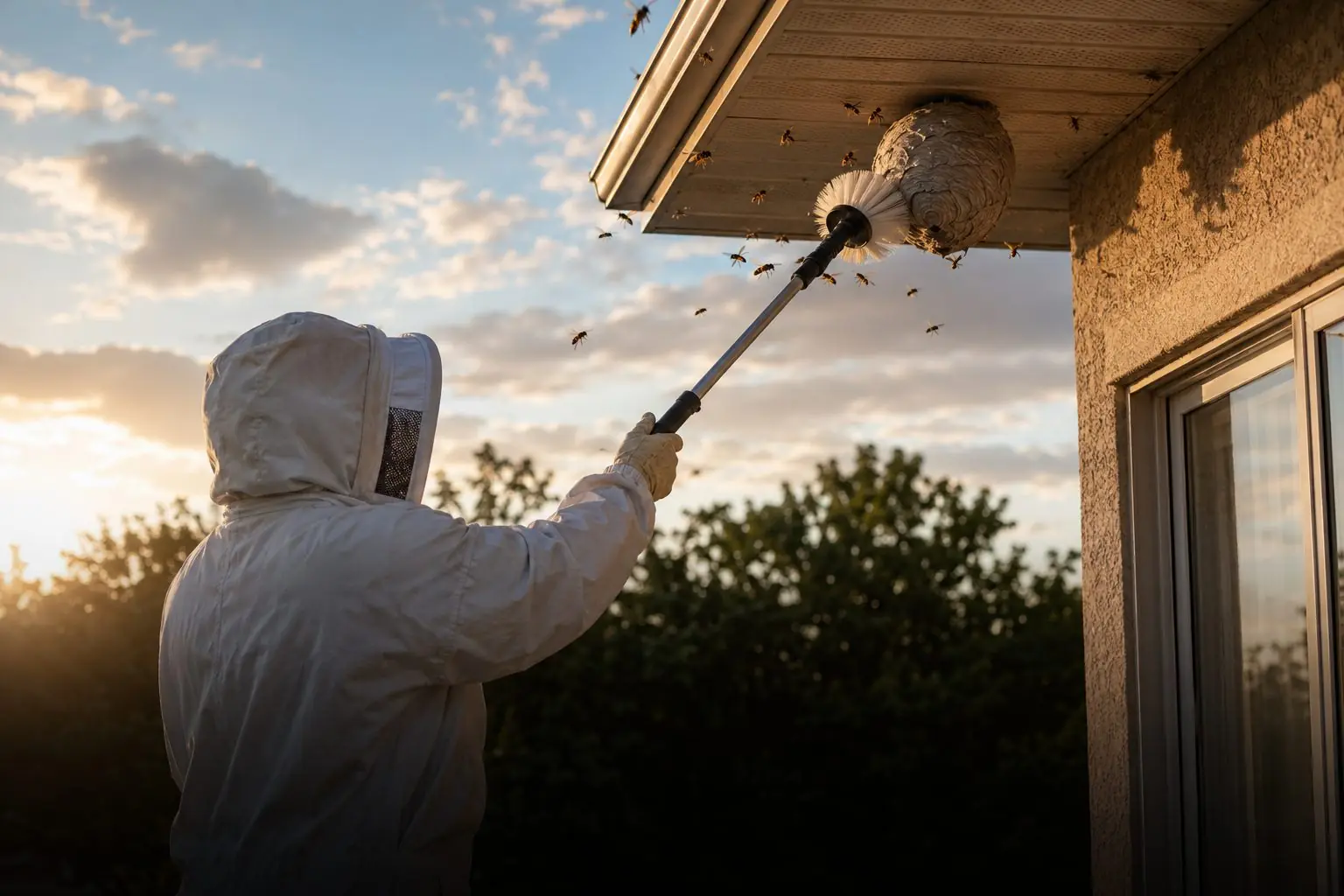 A paper wasp nest under the eave of a Winnipeg home
