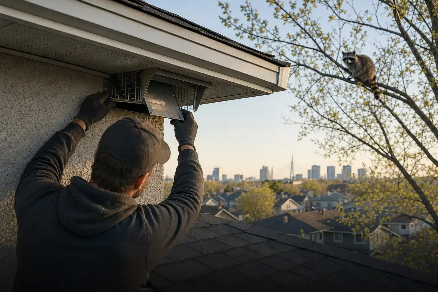 A raccoon at the roofline of a Winnipeg home
