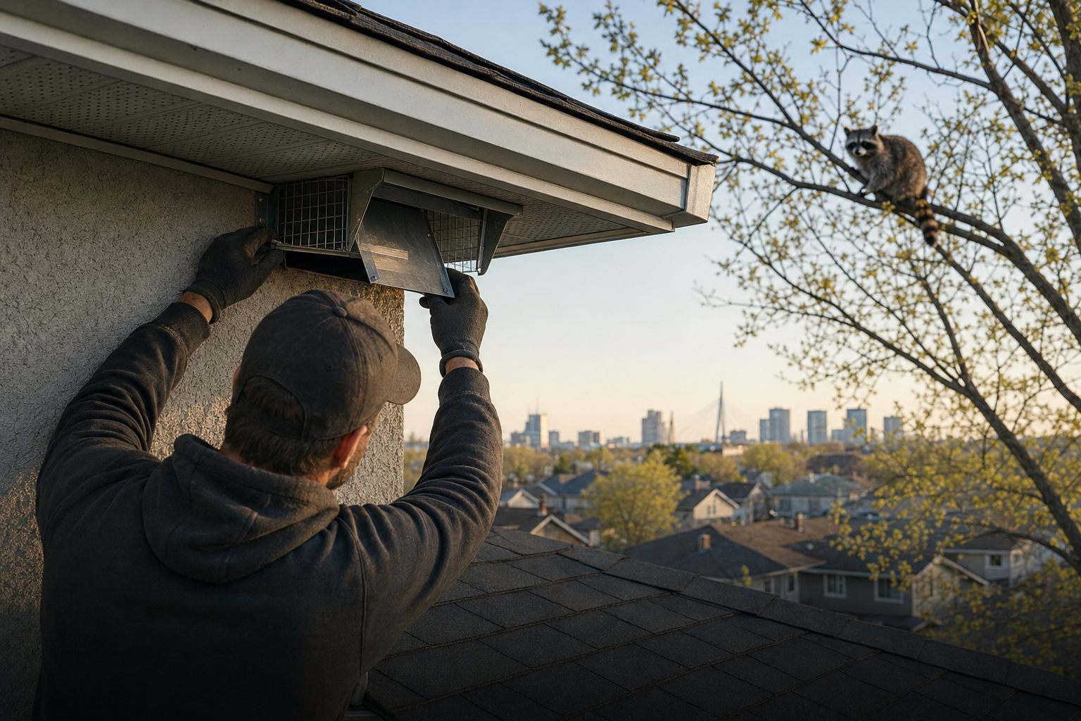 A raccoon at the roofline of a Winnipeg home