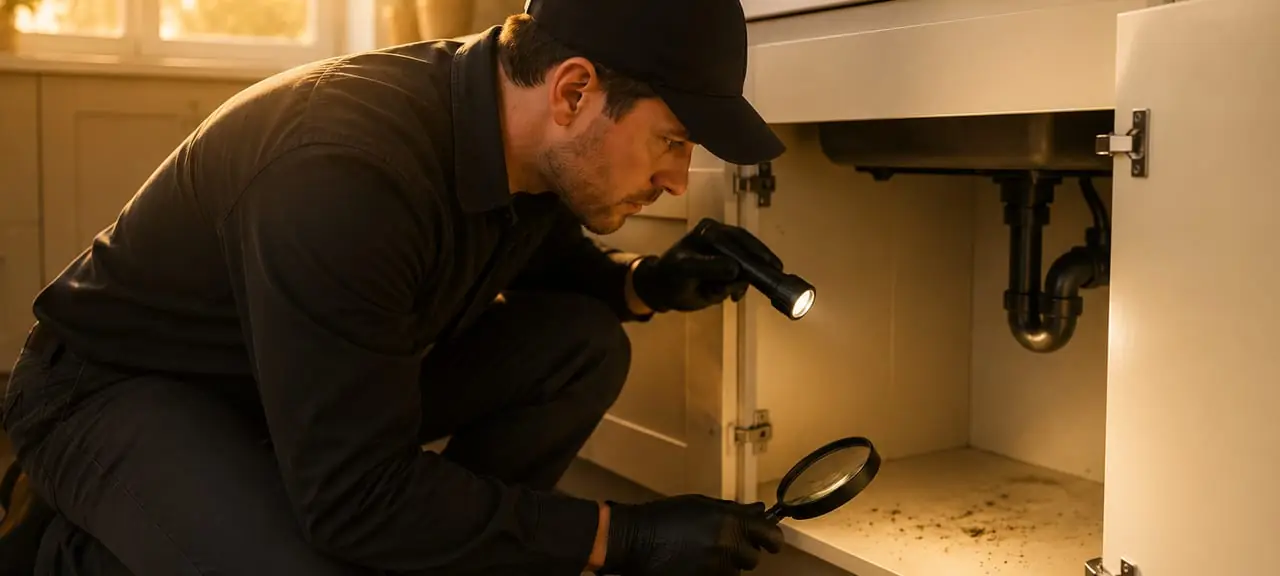 A Terra13 technician inspecting under a kitchen sink with a flashlight and magnifying glass for signs of pests