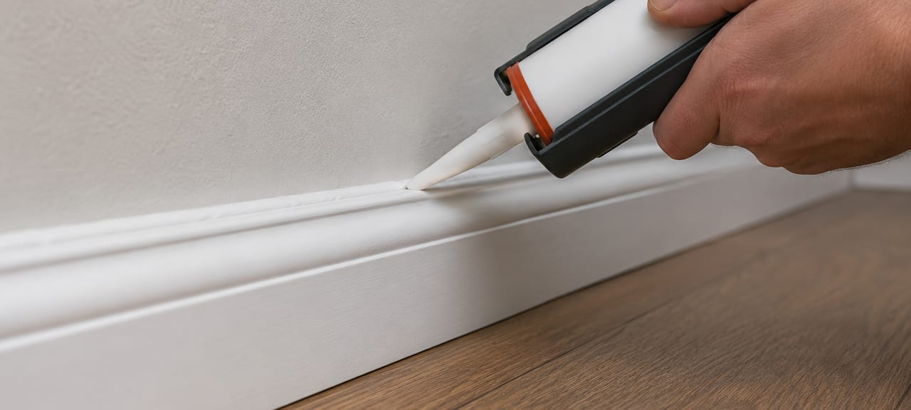 Applying a bead of sealant along a baseboard to close the cracks where bed bugs and cockroaches hide and travel
