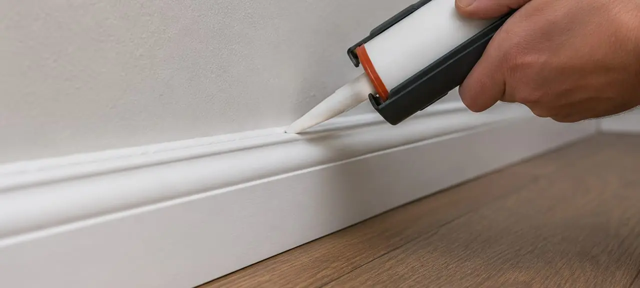 Applying a bead of sealant along a baseboard to close the cracks where bed bugs and cockroaches hide and travel
