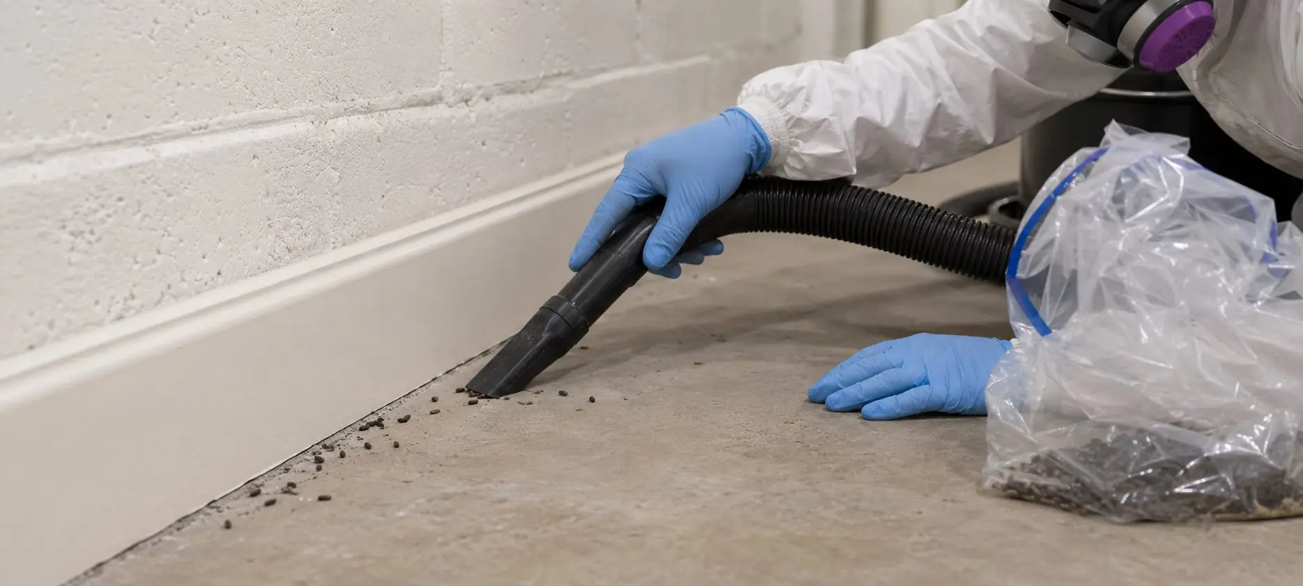 A gloved technician HEPA-vacuuming mouse droppings from a basement floor along a baseboard, with a sealed disposal bag nearby