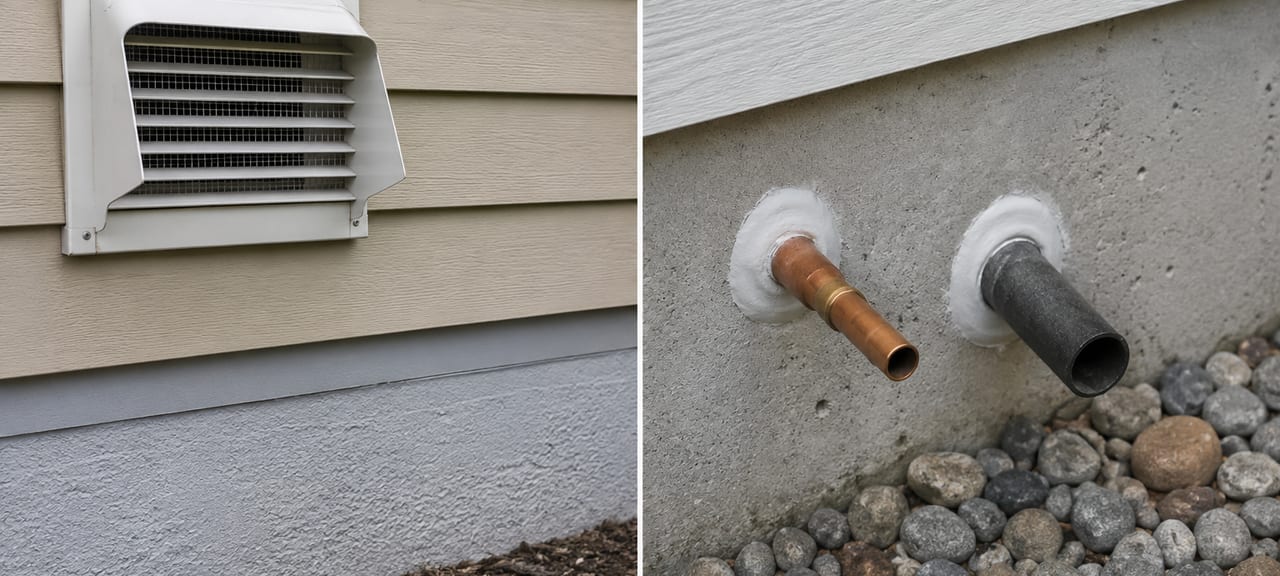 A screened exterior wall vent and sealed pipe penetrations on a home foundation, blocking rodent entry