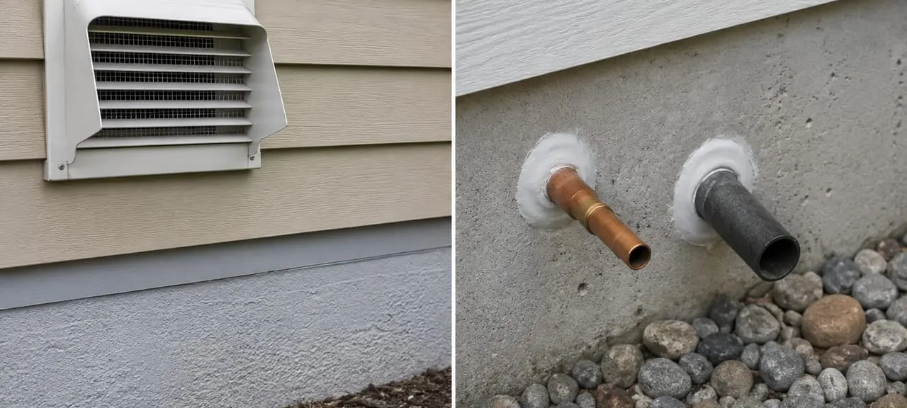 A screened exterior wall vent and sealed pipe penetrations on a home foundation, blocking rodent entry