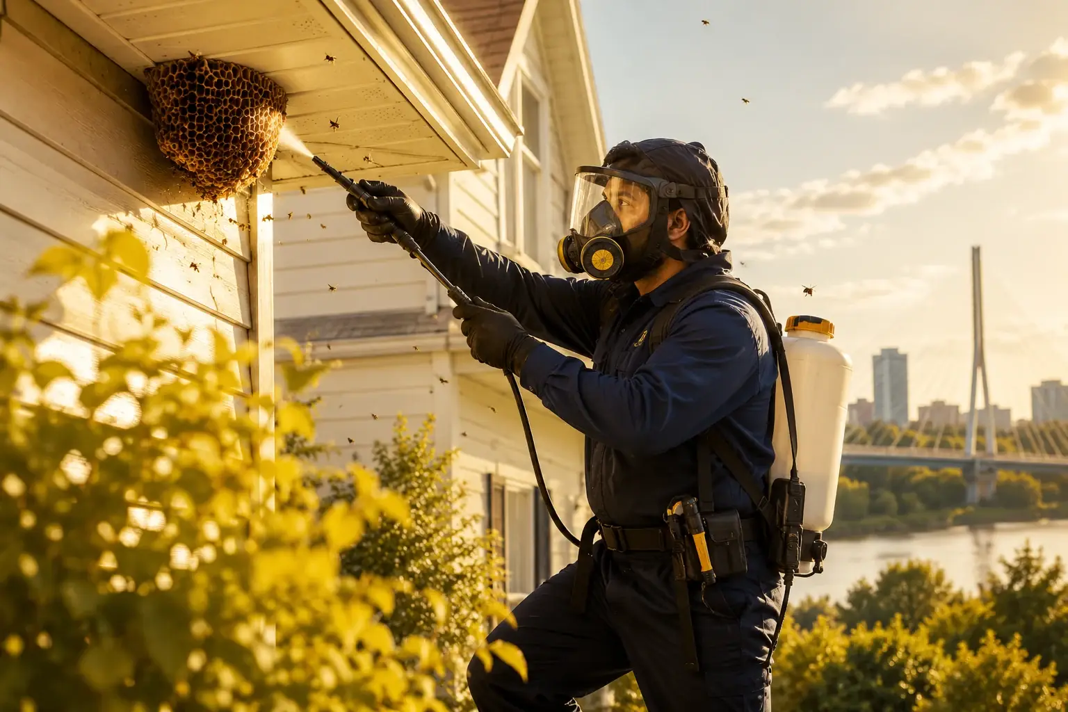 Terra13 technician treating a bee nest at a Winnipeg home
