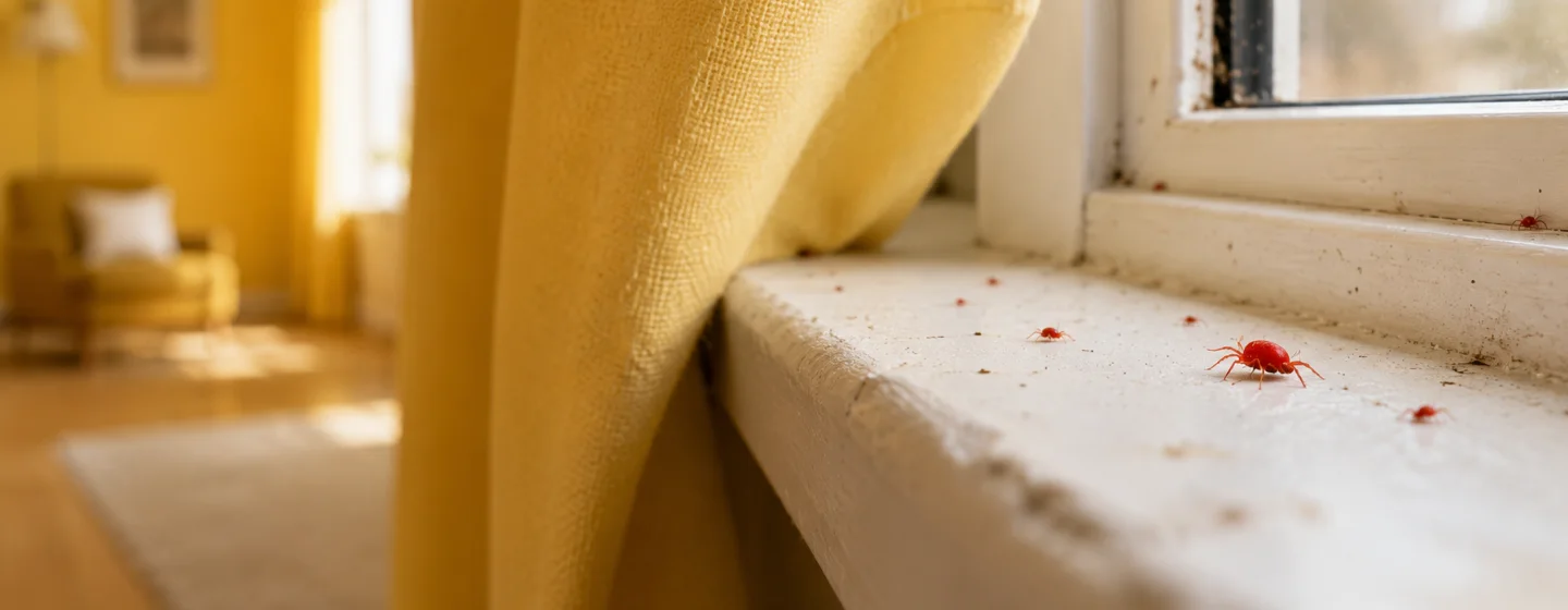 Red mites crawling along a windowsill