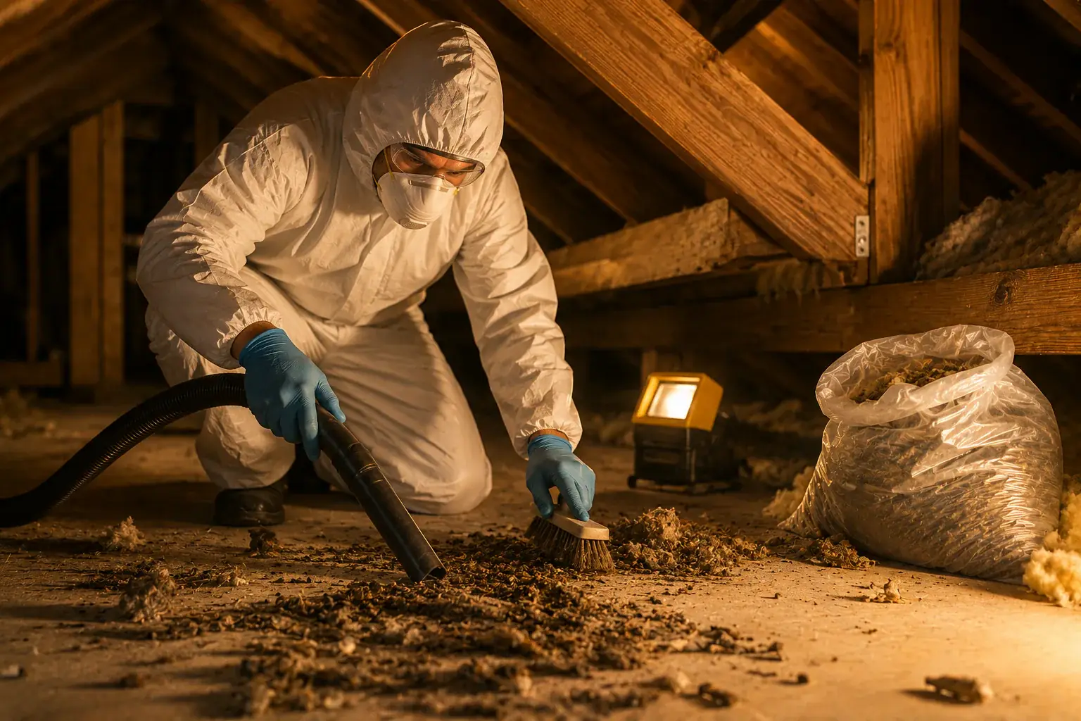 Pest cleanup technician removing contaminated debris from an attic