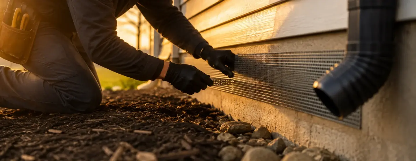 Technician installing exterior pest exclusion screening along a foundation