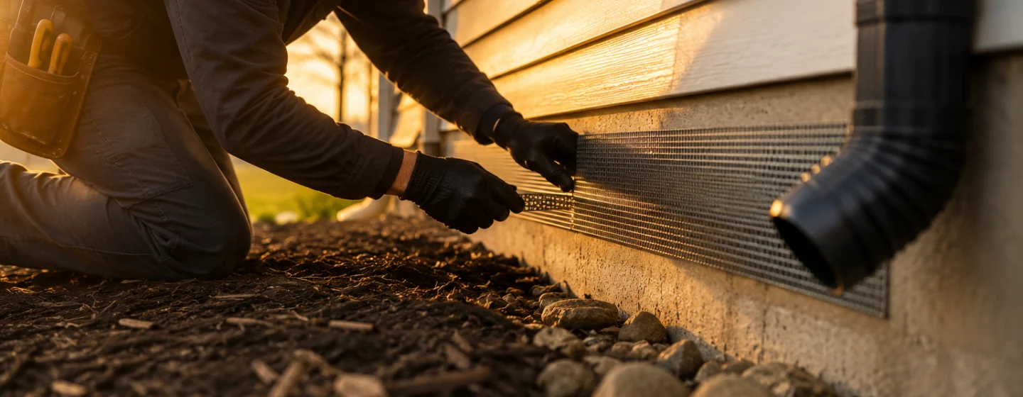 Technician installing exterior pest exclusion screening along a foundation