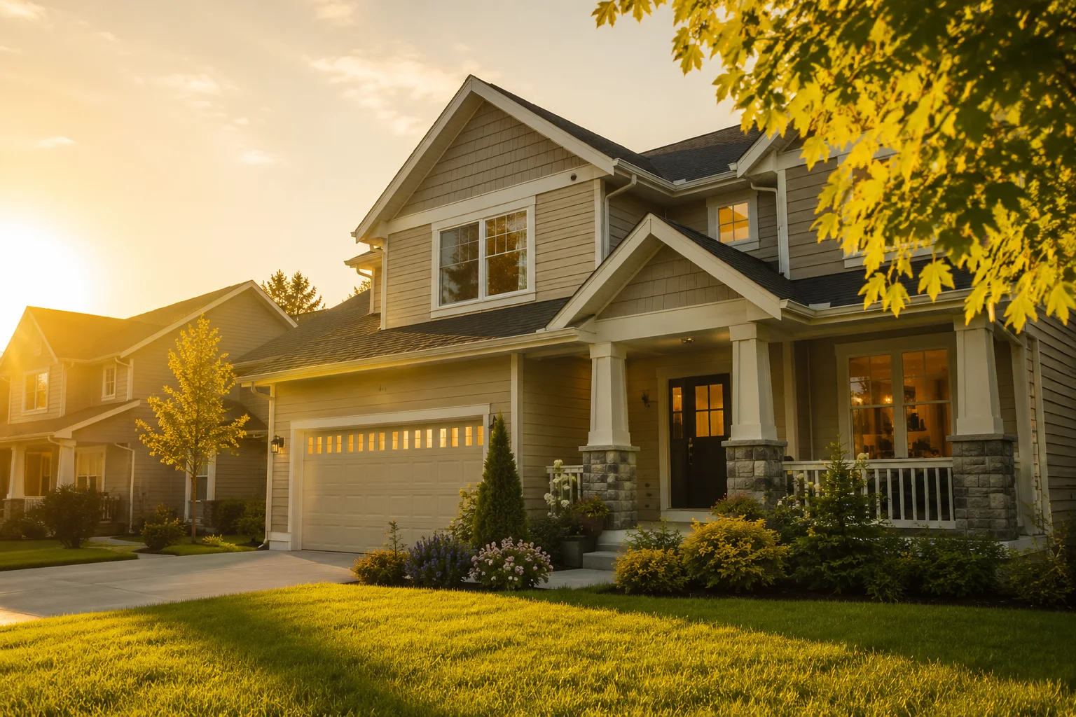 Residential home exterior in warm evening light