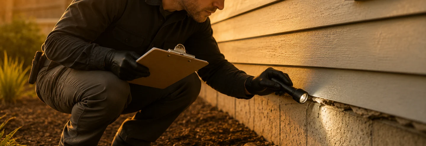 Technician inspecting and sealing a building exterior against pest entry
